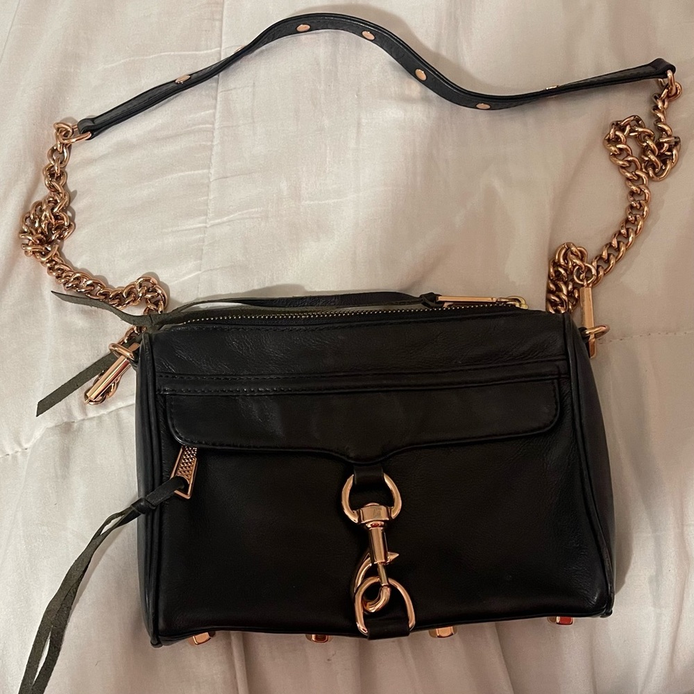 Rebecca Minkoff purse with rose gold hardware.
